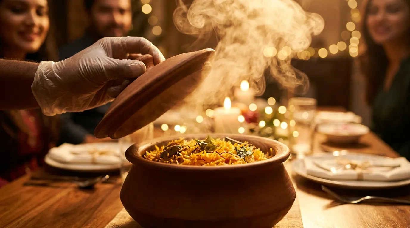 Steam rising as a brass biryani handi is opened