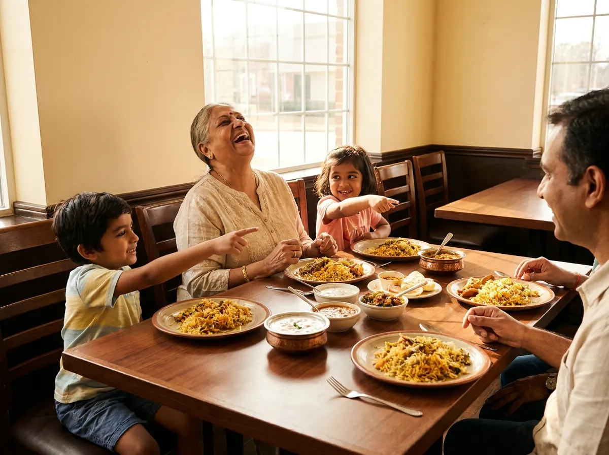 Families sharing biryani at the Zeeya Sulthans Virudhunagar branch